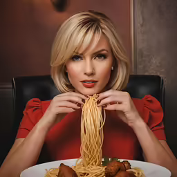 a beautiful blonde woman holding a plate of spaghetti over a plate of noodles