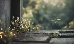 some leaves are sprouting from the cracks of a wall