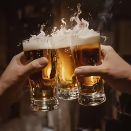 two men toasting while holding their glasses with beer