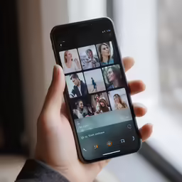 a person holding up a cell phone with many pictures on the screen