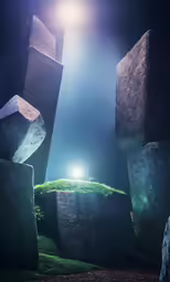 a light shines in between the rocks