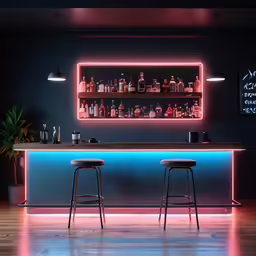 the bar has two stools and the lighted lights