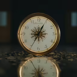 a clock sits on top of a surface with other items in front
