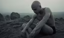 shirtless man crouching on a rocky cliff