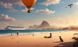 the picture shows the beach and a ship with people, and some birds,some people on the sand some mountains and water