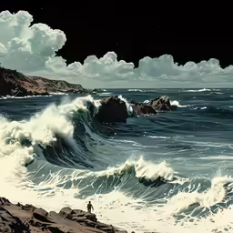 painting of man standing at edge of stormy ocean