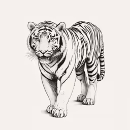tiger standing on a white surface in black ink