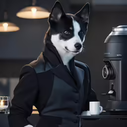 the dog is wearing a black and white suit and hat