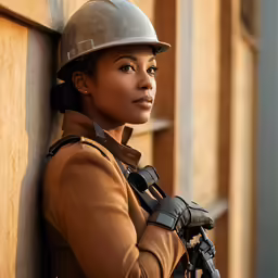a young woman wearing a helmet standing next to a building