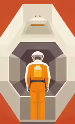 an orange poster of a spaceman standing in a room