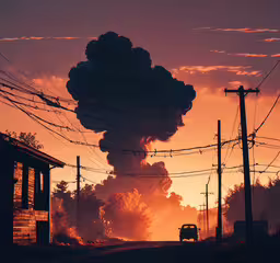 smoke is seen pouring out of the chimney,a road sign next to electrical wires and a cloud of smoke