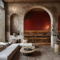 there is an empty and decorated living room with large windows