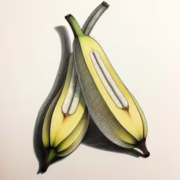 two bananas are painted as if they were ripened,two bananas sit on a plant with two white tips,two bananas, one with green tips, are shown from top view,two bananas in two sections that are very weird,two bananas cut in half to be sliced