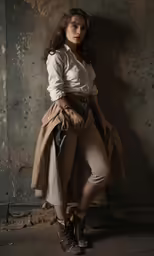 a woman poses for a photograph in a beige coat