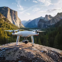 an aerial view of a mountain range with a quad quad camera flying over it