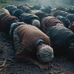 two people with grey hair and wearing coats are laying in a long row