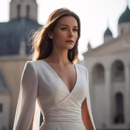 a beautiful woman in white dress stands outside