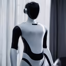 the robot is standing in the room with the remote