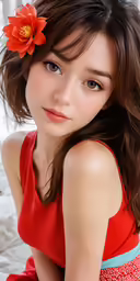 young woman wearing red shirt and flower in her hair