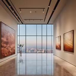 a huge room with paintings and vases of flowers