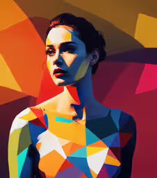 a woman in a multi - colored outfit poses against a backdrop,an image of a woman that appears to be a different person