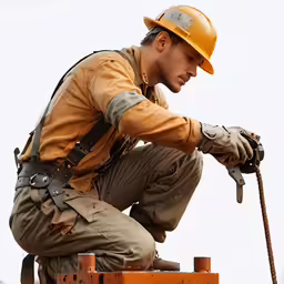 a man with hard hat and jacket holding a tool