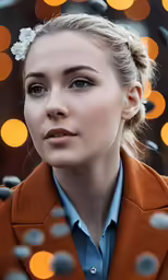 the woman is wearing brown coat and blue shirt