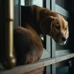 a brown dog sits on a window ledge