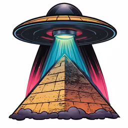 a drawing of the pyramid and aliens, with a blue light above it