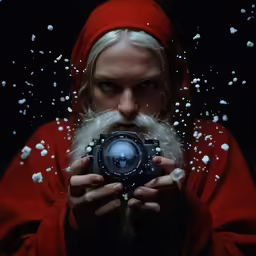 an evil santa holding a camera in the dark