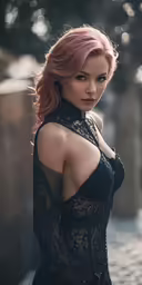 the model is posing in her black dress