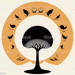 the tree surrounded by birds flying around in a circle,tree with various birds, hanging on a branch and on the sky stock photo