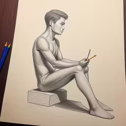 there is a man sitting on the table with a pencil,a sketch shows a man with no pants on