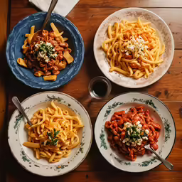 a set of three plates of pasta on a wooden table