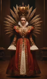 a woman dressed in a golden crown and red dress