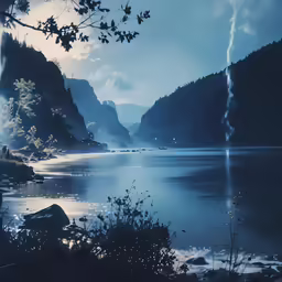 a lake surrounded by trees and some mountains