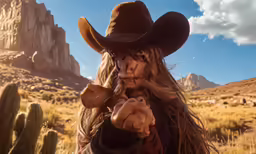 a man in a cowboy hat pointing with his fingers