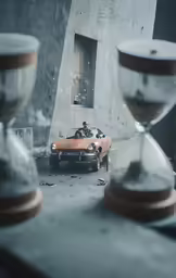 a brown and black car and hourglass in a building