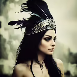 a young girl wearing an elaborate headdress with feathers