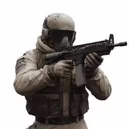a military man wearing an overcoat with a rifle
