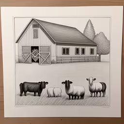 a group of sheep standing around a barn