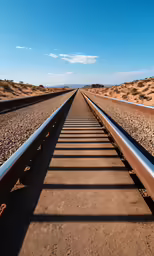 an empty railroad track in the middle of desert