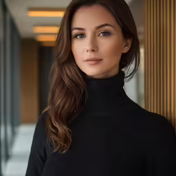 a woman with brown hair posing against a pillar