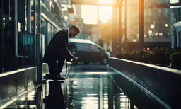 a man standing in front of a building and looking at his phone