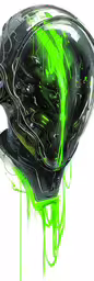 a helmet that is green and black,the black and green paint flows down the side of a helmet