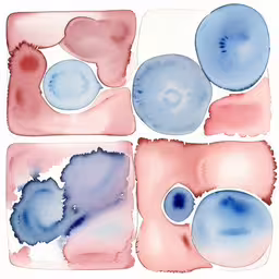 four square shaped items painted in watercolor with an open top and two open sides