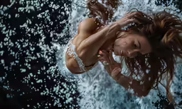 a woman in a bikini top standing on a surfboard