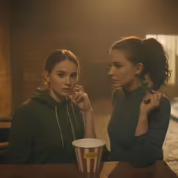 two girls having a conversation at a table with a paper cup