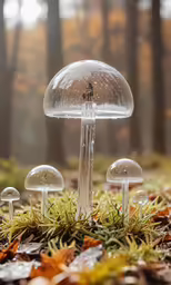 two mushrooms sitting on top of some grass