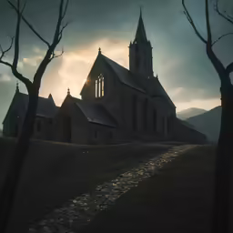 a church in the dark with no leaves on the ground